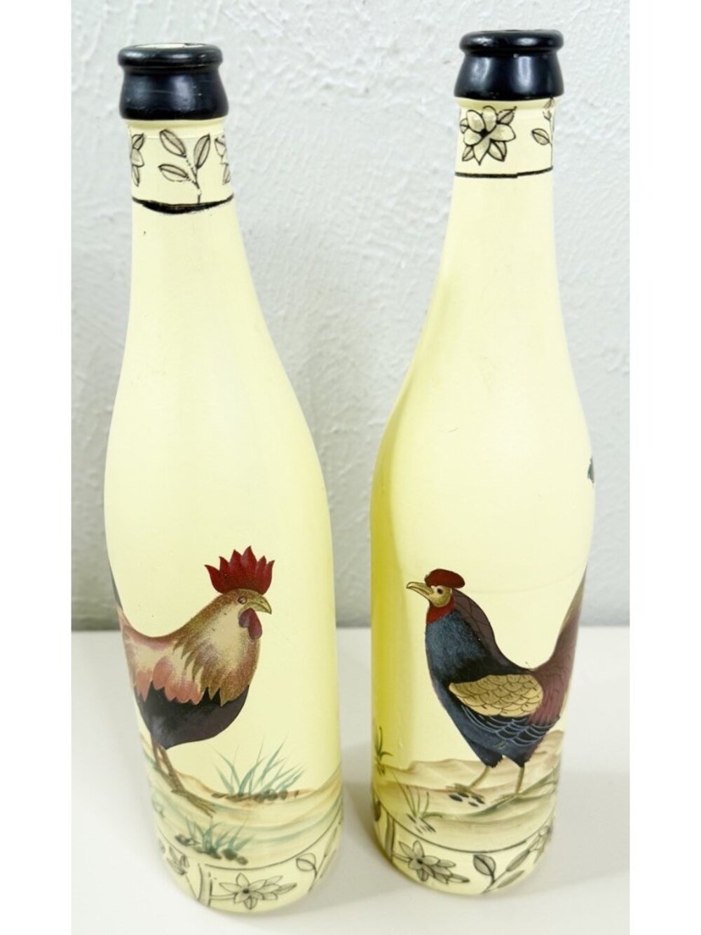 VTG 11.5" Painted Rooster Chicken Farmhouse Bottle Set Country Rustic Decor EUC